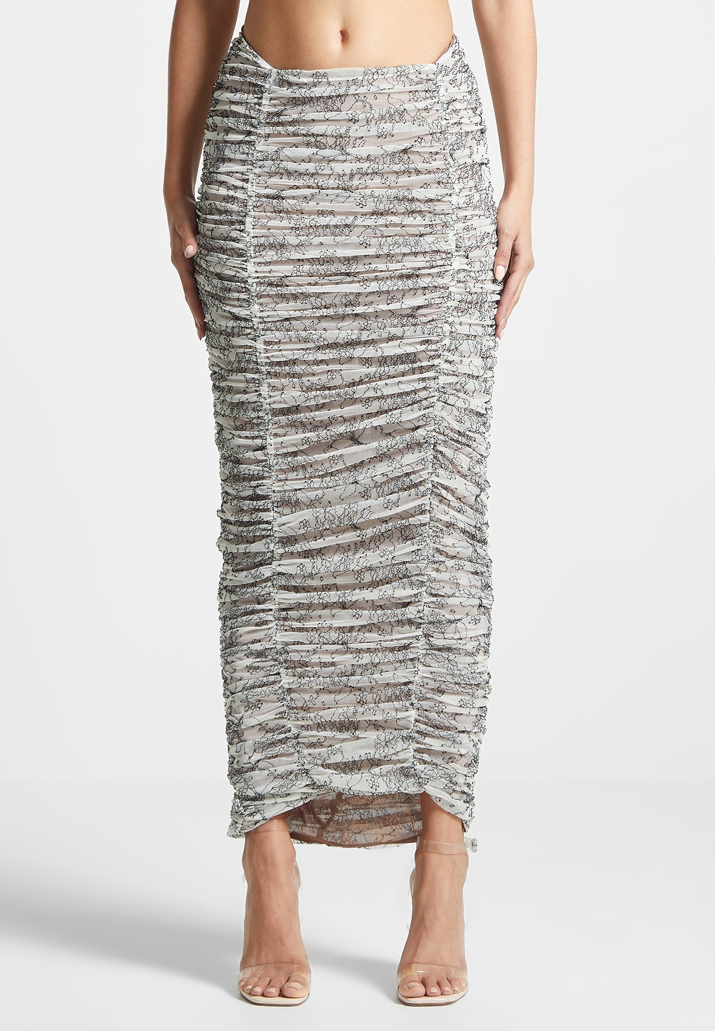 Ruched Lace Asymmetric Midaxi Skirt - Off White