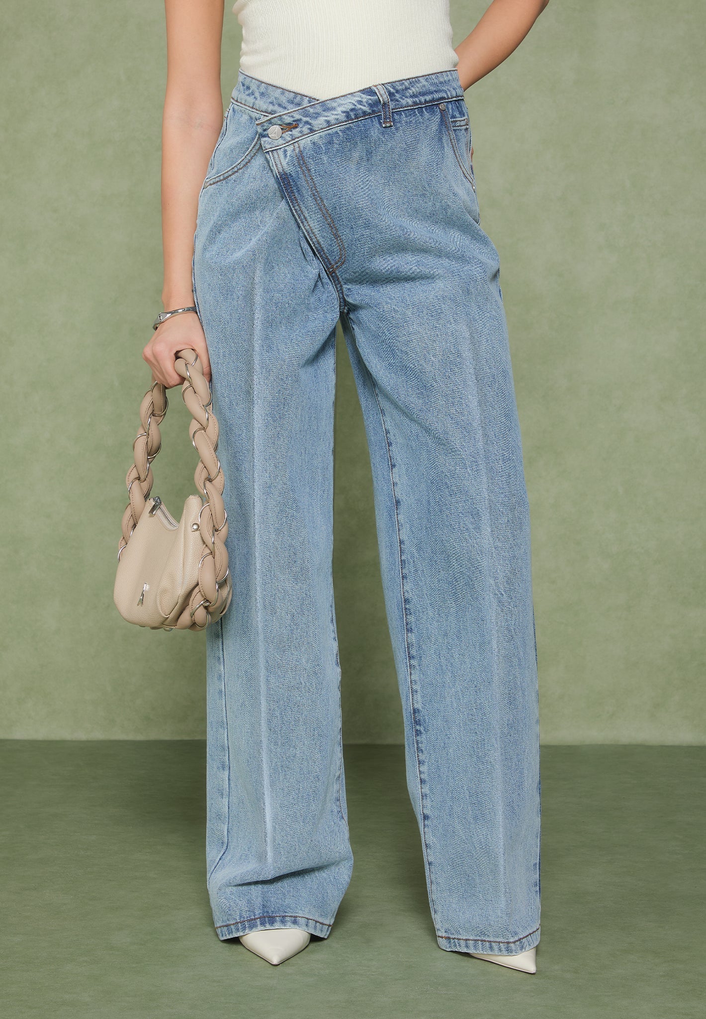 Wrapover Baggy Jeans - Mid Blue